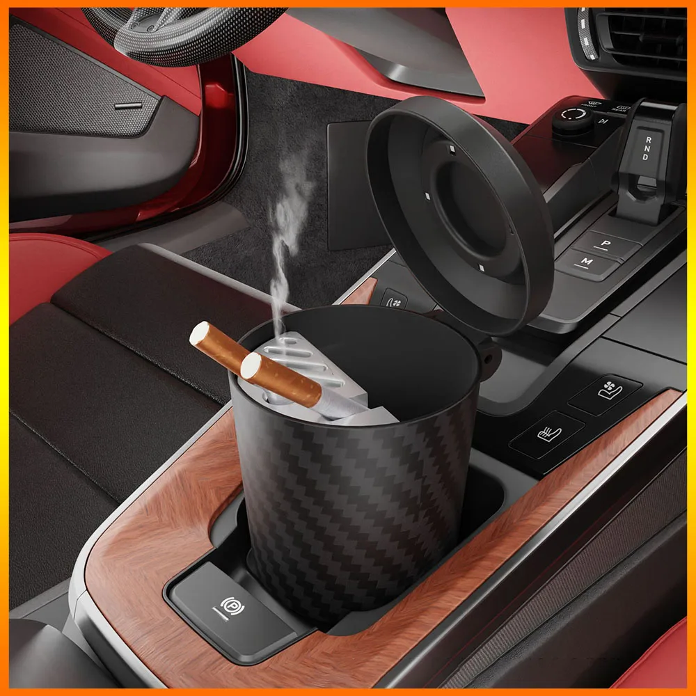 Cendrier de voiture avec motif en Fiber de carbone pour hommes, Suspension multifonctionnelle créative dans la voiture avec couvercle et couvercle, propre