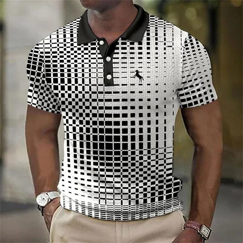 3D Digital Print Stripe Short Sleeve Polo Shirt Men Summer Casual Polo Shirt Button Lapel Polo Shirt Golf Polo Shirt Tops