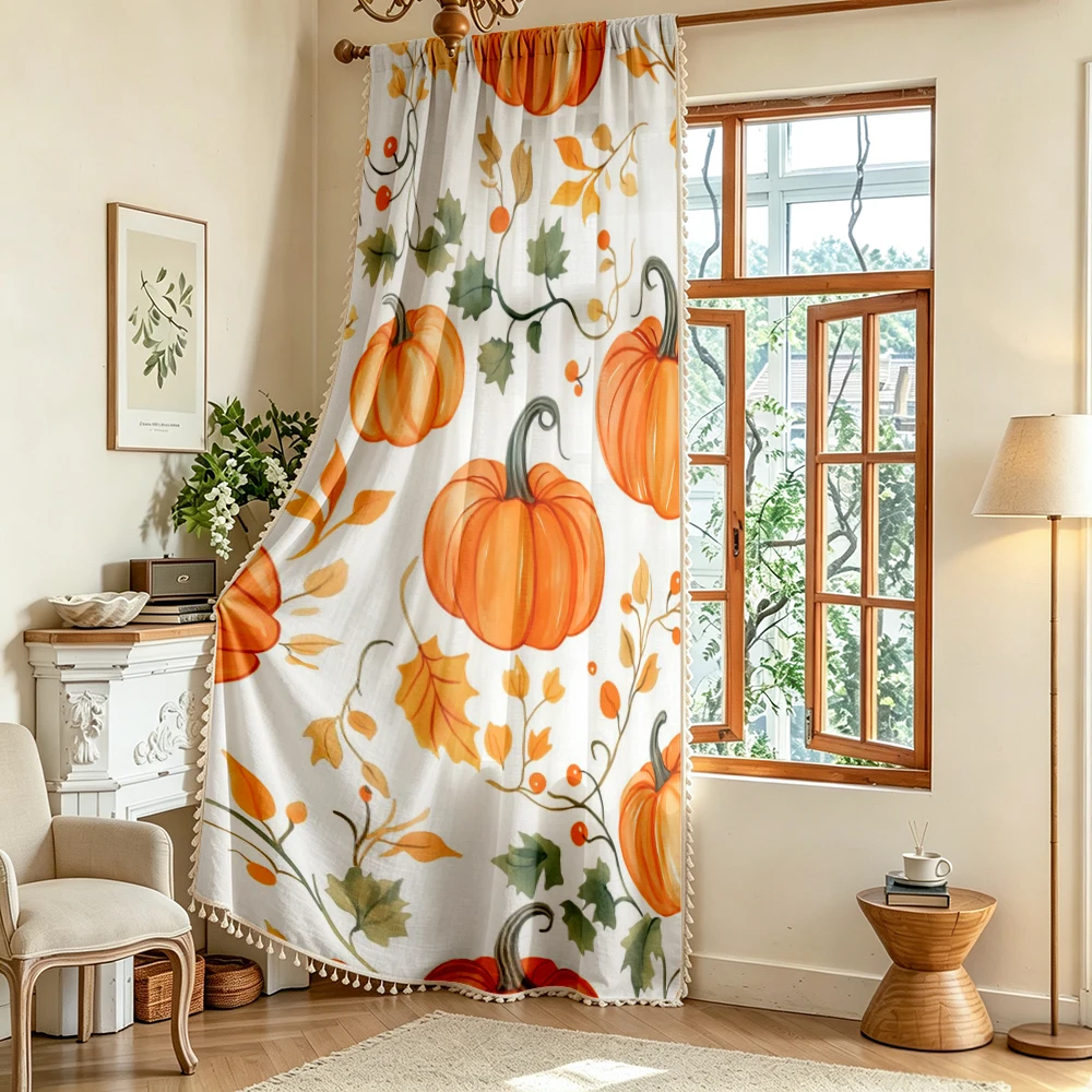 1PC Thanksgiving Fall Tassel Sheer Curtains, Pumpkin Maple Leaf, Digital Print, Linen Polyester, Bedroom Living Room, Home Decor