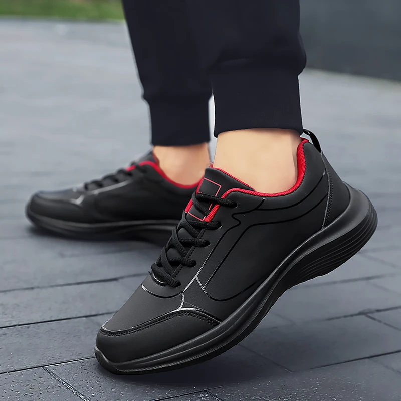 Men Leather Sport Shoes Black Running Shoes Outdoor Waterproof Sneakers Men Big Size 46 Lightweight Athletic Sneakers for Men