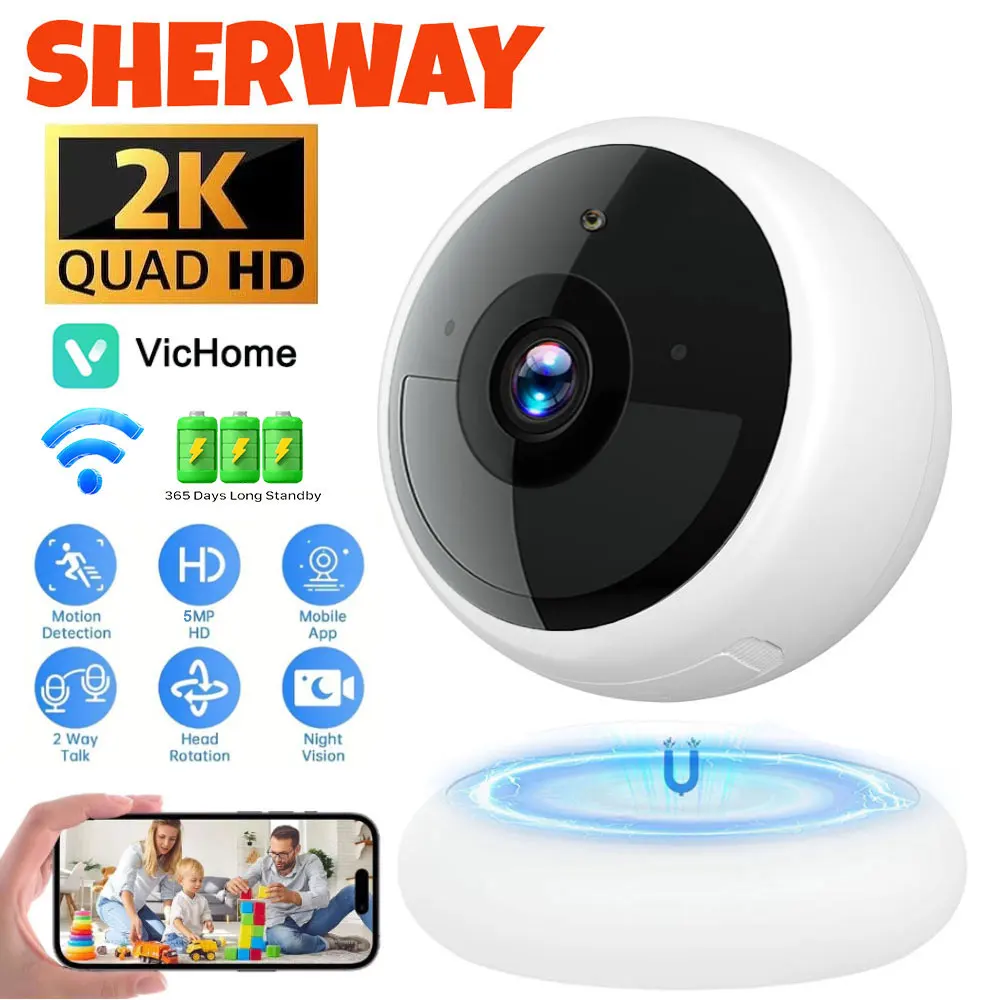 

2K Wifi Magnetic Battery Security Camera Indoor/Outdoor 5MP Wireless IP Camera Color Night Vision Motion Tracking Surveillance