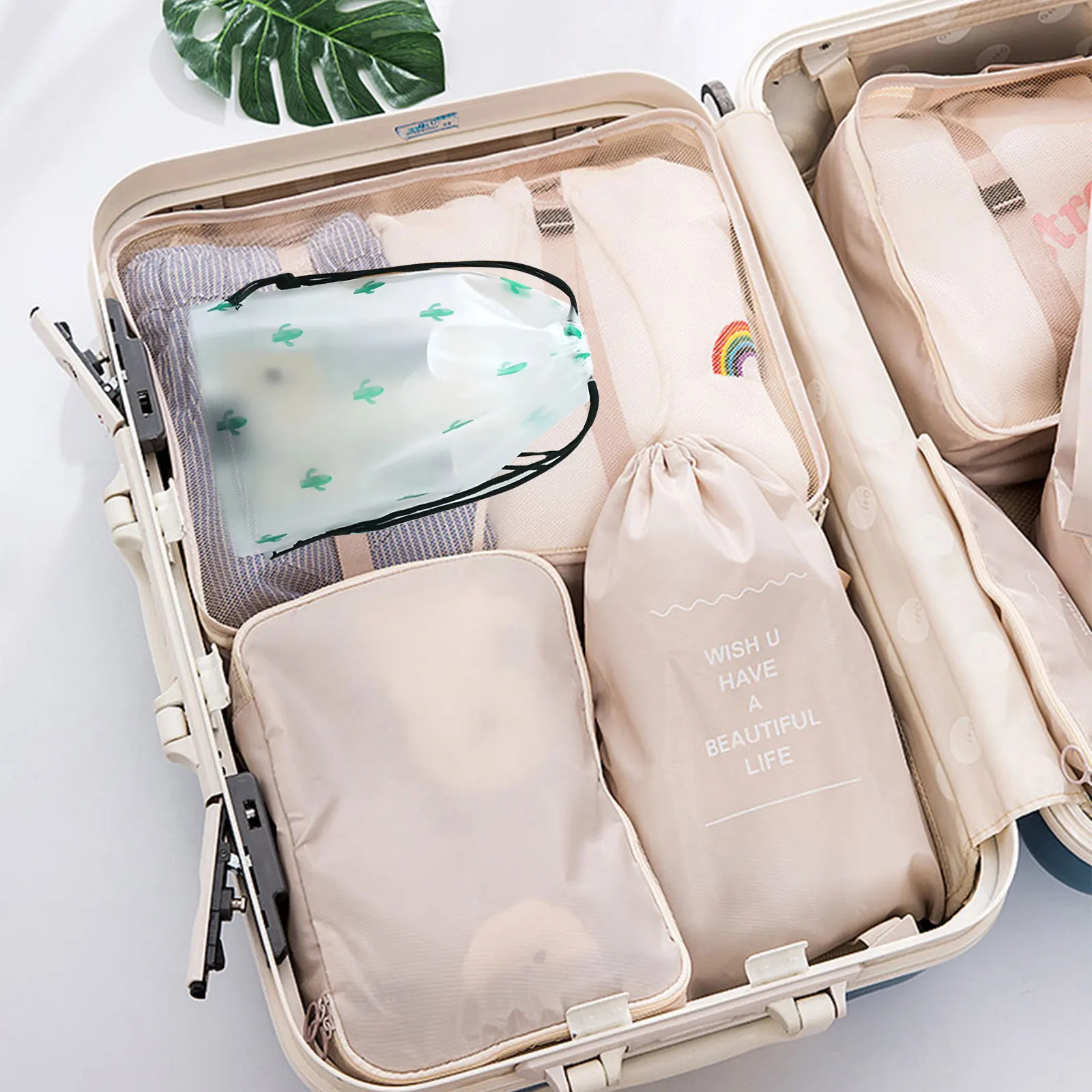 

9pcs Travel Shoe Clothes Storage Bags Drawstring Organizer 16x20 18x25 20x30 Cactus Heart Flower Sealed Pouches Laundry Suitcase