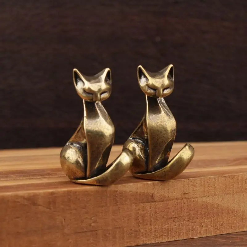 1pc Vintage Brass Cat Statue Smooth Finish Retro Animal Figurine Home Office Desk Decor Elegant Craft Ornament