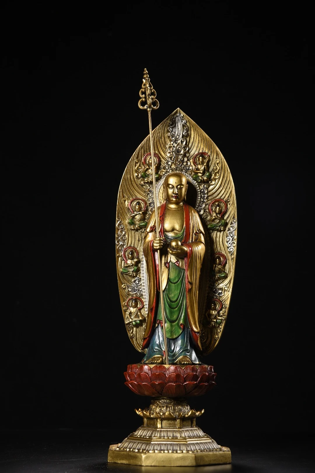 

17"Tibetan Temple Collection Old Bronze Painted Ksitigarbha Bodhisattva Standing Buddha Buddha Platform Backlight Worship Hall