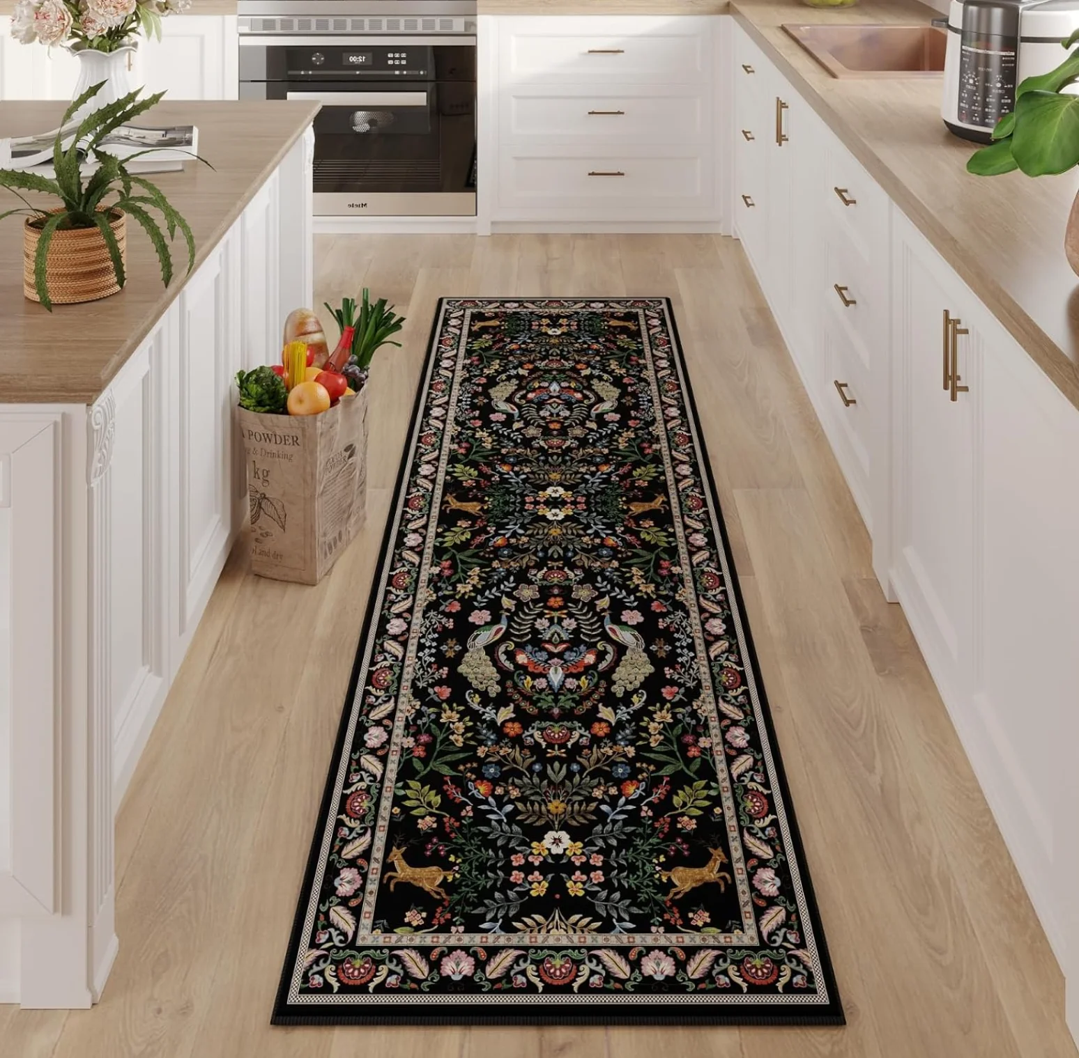 Eleganter schwarzer floraler langer Läuferteppich, rutschfeste Bodenmatte, Vintage-Muster, Teppich für Badezimmer, Flur, Küche, Zuhause, Wohnzimmer