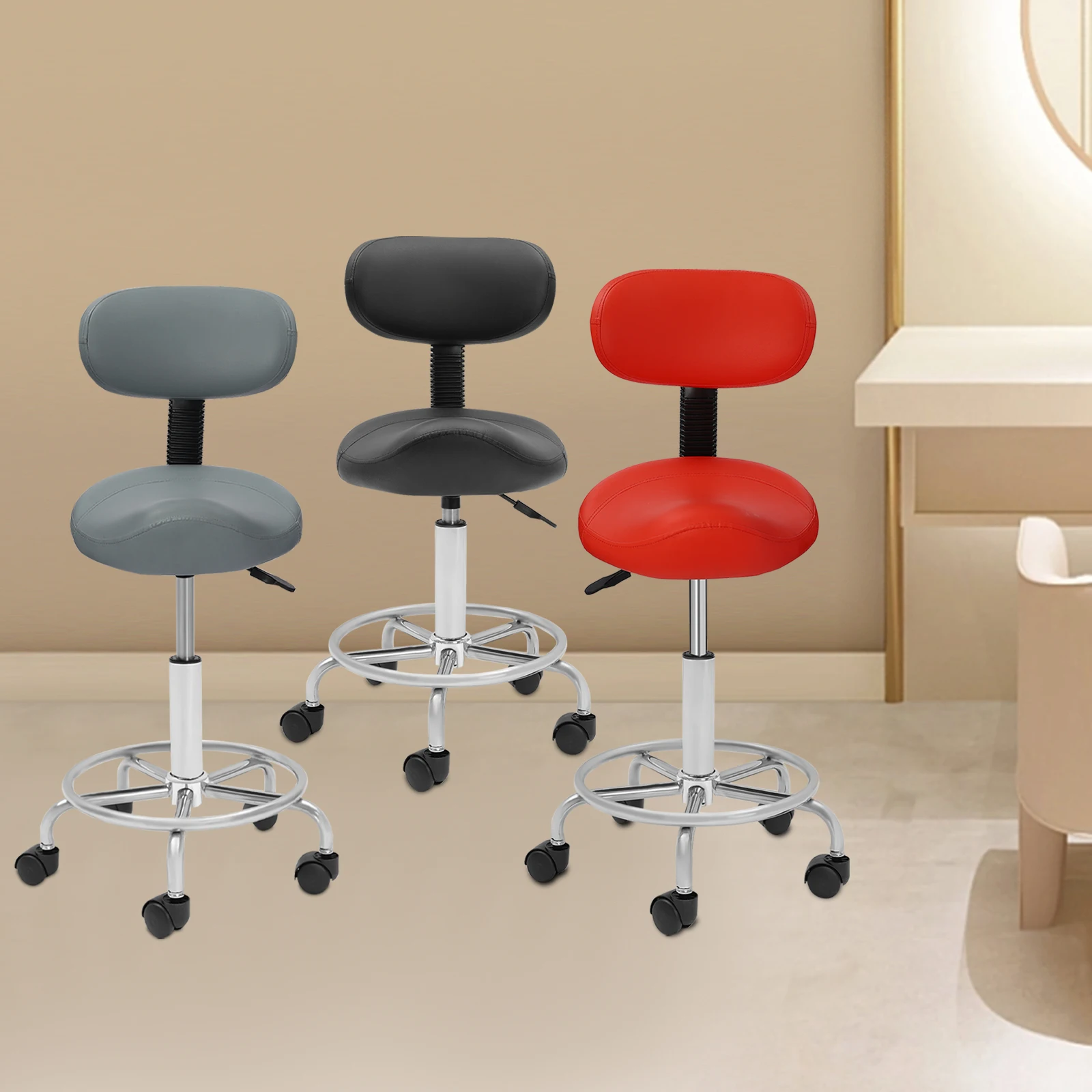 Lift Rotating Bar Stool Seat With Backrest , PU Leather Adjustable Lifting Saddle Stool Chair Seat Red/ Black/ Grey