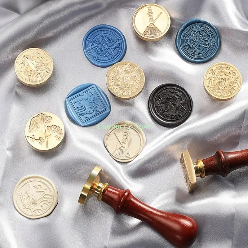 X90F 6pcs Wax Seal Stamp Heads with Wooden Handle Set Crafts for Wedding Invitation