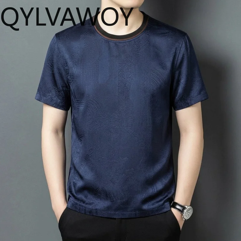 QYLVAWOY Double-sided T Shirt  100% Mulberry Silk Men's Shirts Thin Summer Tops Short Sleeve Shirt Round Neck T Shirt Homme 반팔티