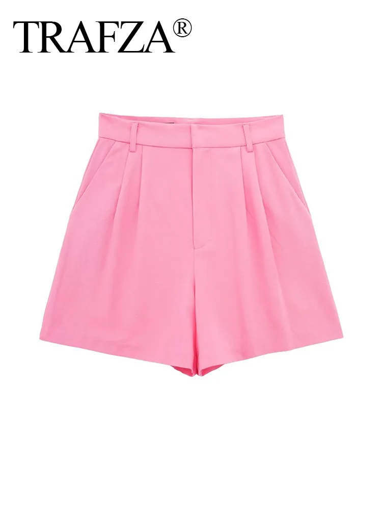 TRAFZA-Mini Shorts Elegantes de Cintura Alta com Zíper, Decoração de Botões, Monocromáticos, Finos, Bolso, Streetwear, Moda Verão