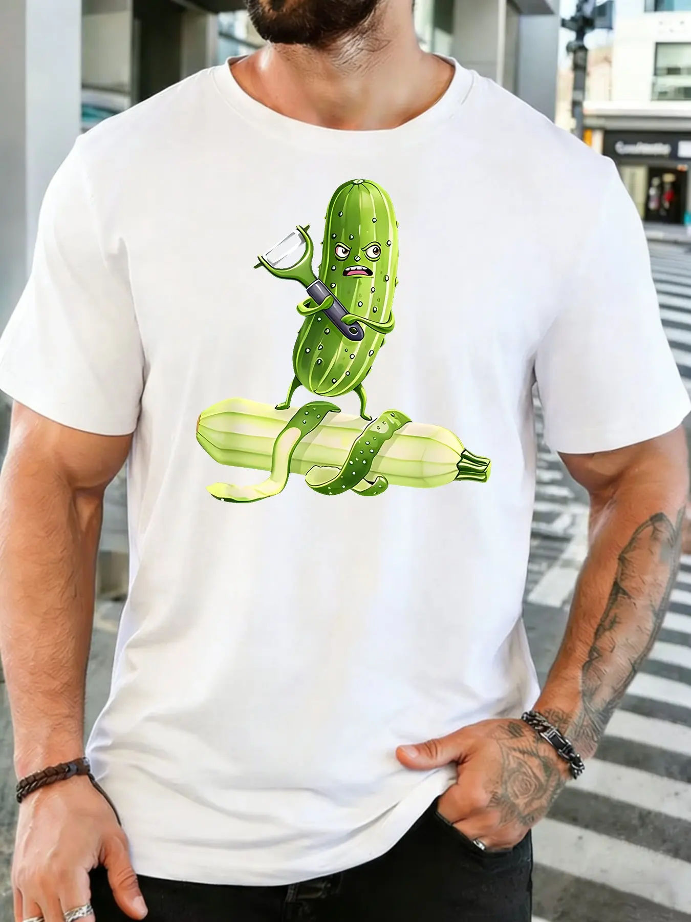 Men Funny Cucumber Cartoon Graphic Cotton T Shirt Short Sleeve Novelty Veggie Peeler Print Casual Tee For Food Humor Enthusiasts