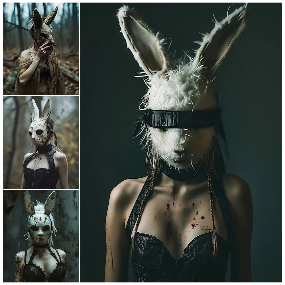 

Creepy Bunny Mask Girl,Gothic Photography,Wall Art,Canvas Painting,Pagan Wicca,Vintage Photo Art,Poster Print,Home Decoration