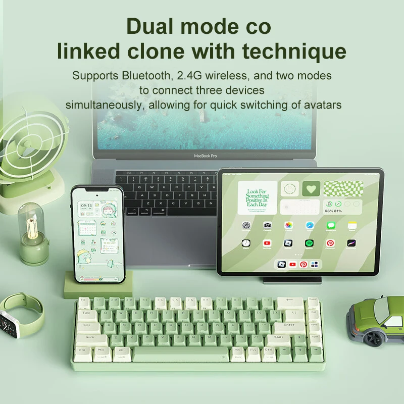 B.O.W G62D Mechanical Keyboard Bluetooth Wireless Dual Mode Connection Full Key Plug Shaft 68 Keys Portable ABS Key Cap Tea