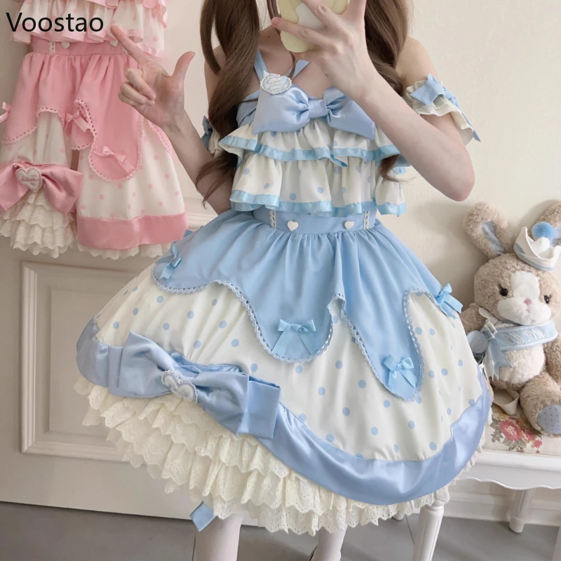 Japanese Sweet Lolita Jsk Dress Women Harajuku Kawaii Bow Ruffles Polka Dot Print Tea Party Dresses Girls Cute Slim Mini Dress