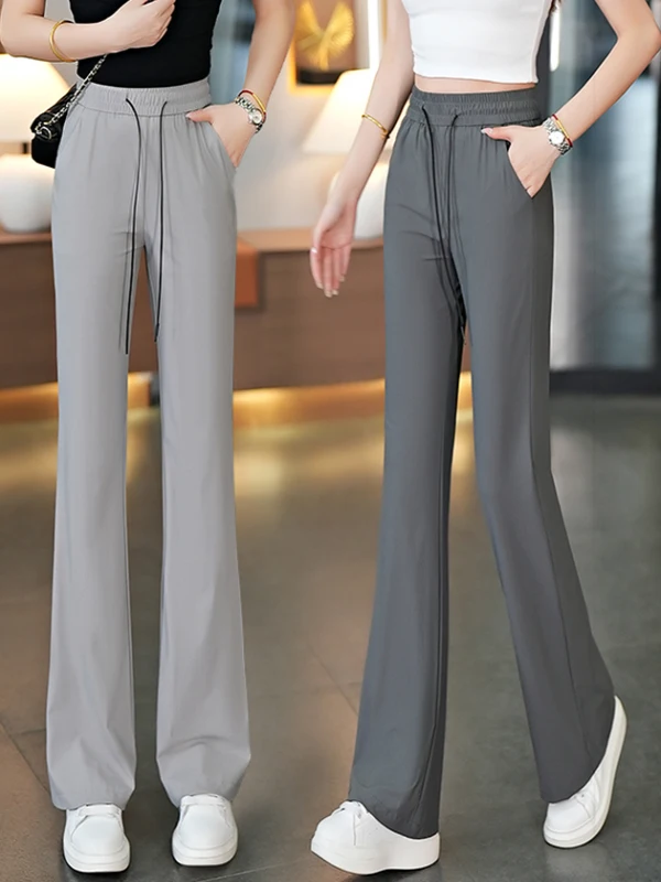 

Ice Silk Bell Bot Pants Women's High Waist Qui Dry Sport Thin Elastic Drape Casual Bell Pants Summer New Arrival