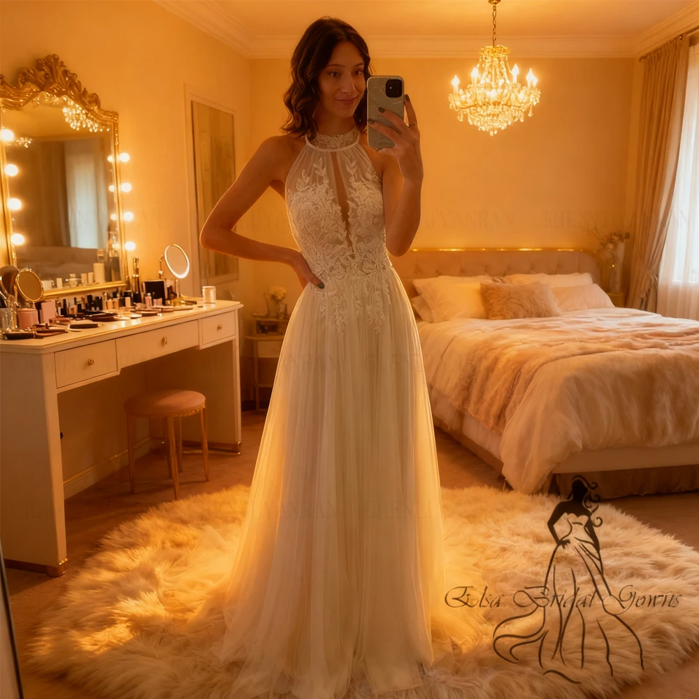 ボヘミアン風アップリケロングウェディングドレス Aラインチュールブライダルドレス シンプルスイープトレインセクシードレス 女性用 2025 ロブ・デ・マリエ