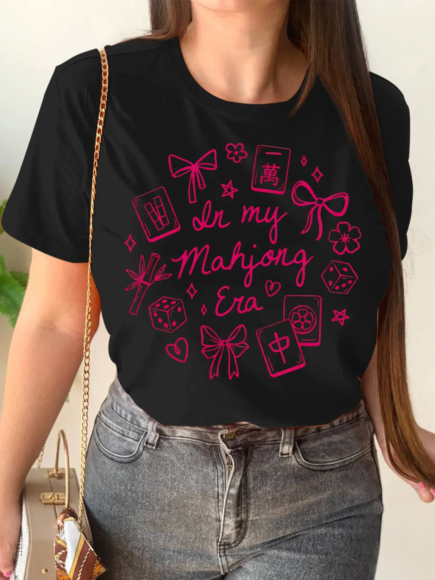 In My Mahjong Era Womens Crew Neck Short Sleeve T Shirt Cute Bow Mahjong Tile Dice Casual Graphic Tees For Ladies Daily Wear
