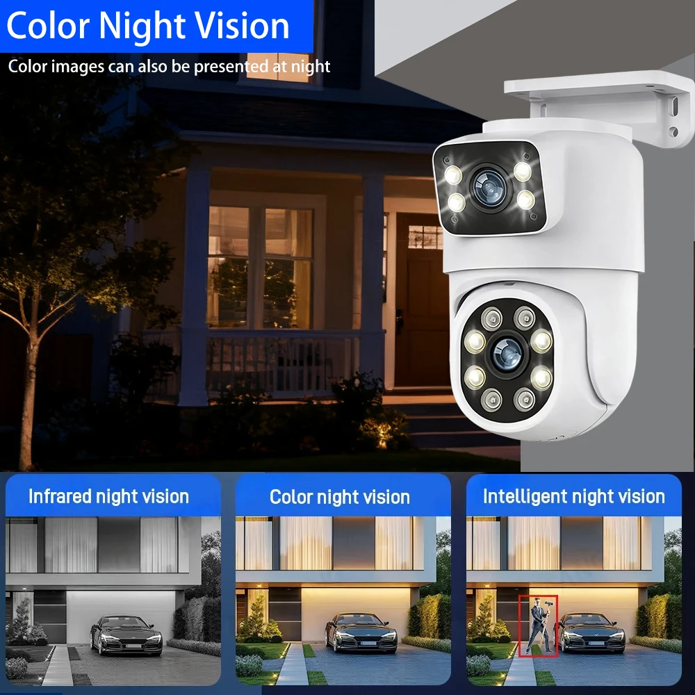 WIFI + POE Rj45 Network 8MP 4K ICsee Dual Lens Dome PTZ كاميرا مراقبة أمنية 360 ° تتبع الرؤية الليلية الملونة في الهواء الطلق #6