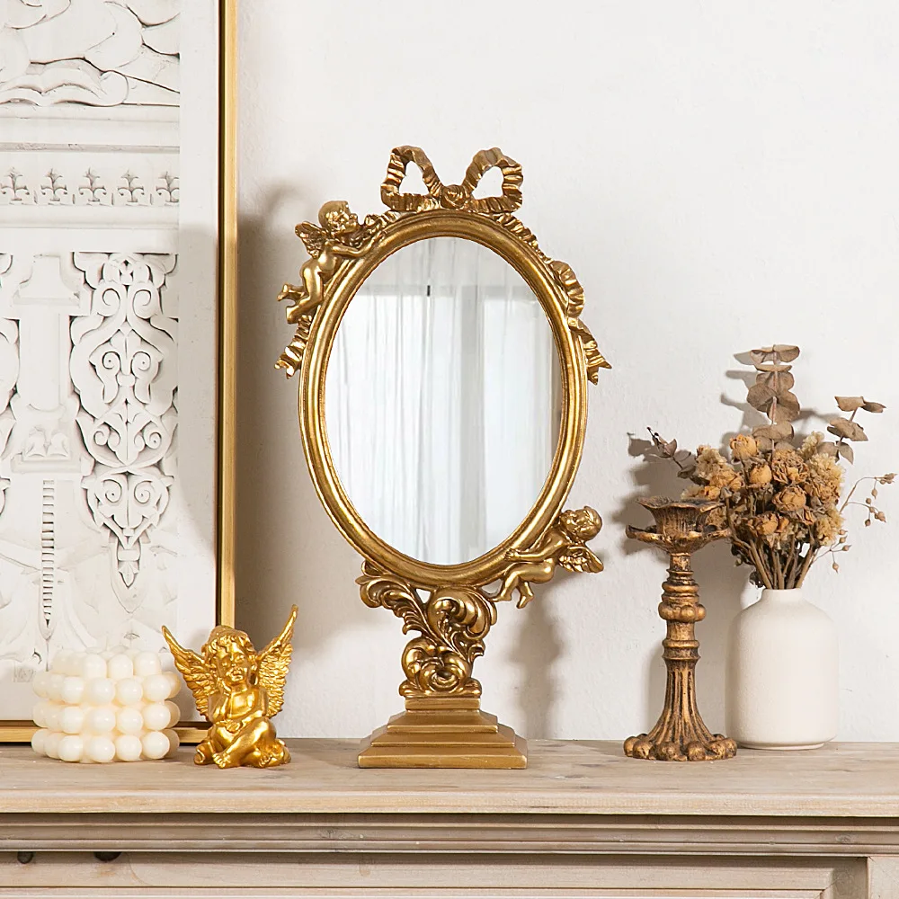 Gold Vintage Mirror Angel Cupid Relief Resin Crafts Oval Standing Tabletop Vanity Decorative Figurines Home Decoration