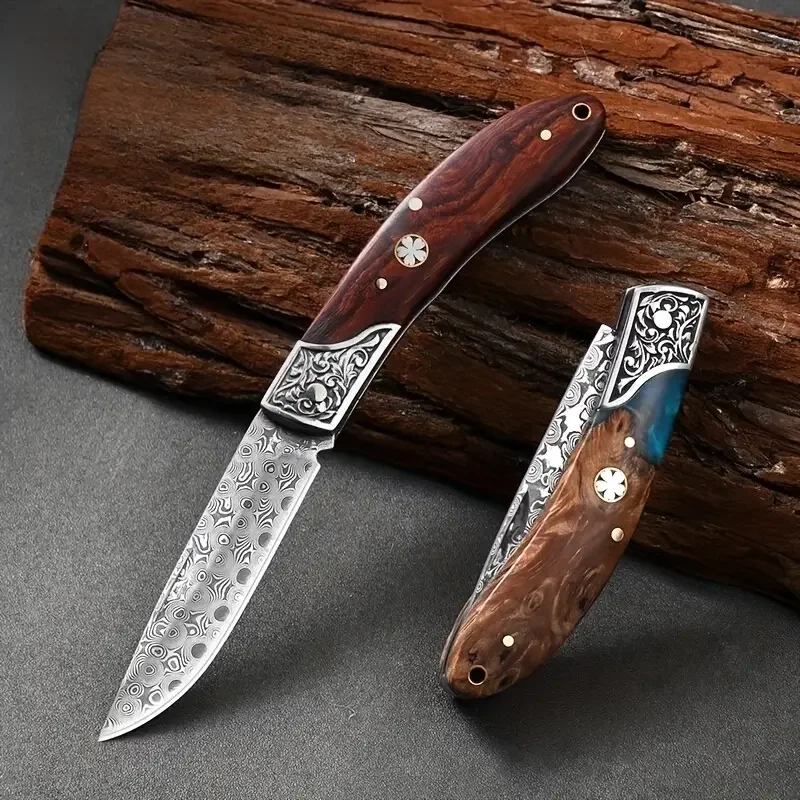 1pc Portable outdoor camping folding knife high-grade multi-functional Damascus steel knife: very suitable for peeling fruit