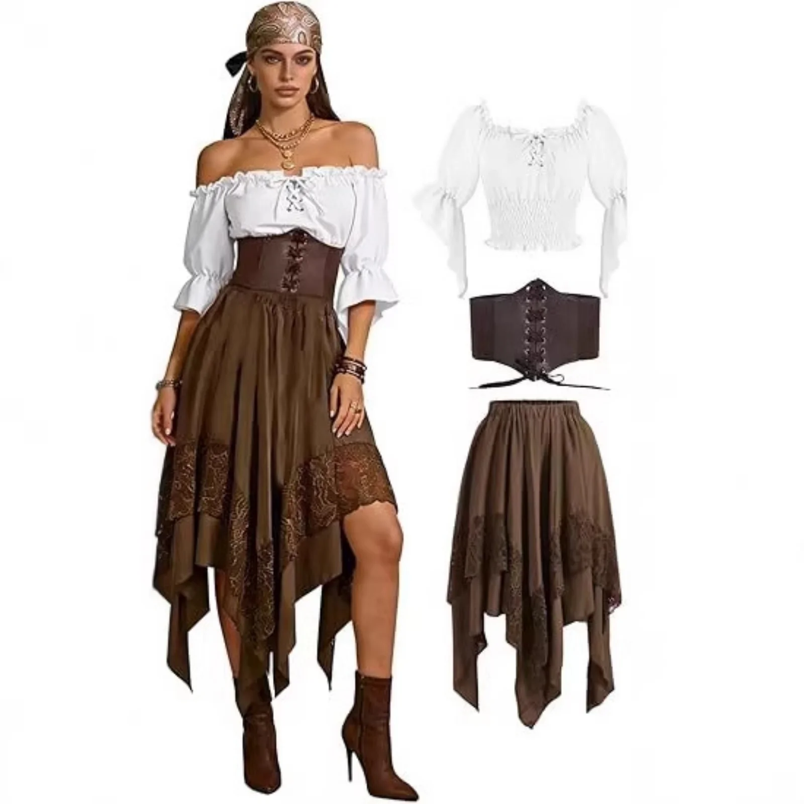 

3PCS Women Pirate Skirt Renaissance Spelled Dress Pointed Asymmetrical Fairy Pirate Costume Medieval Farmer Top Halloween Set
