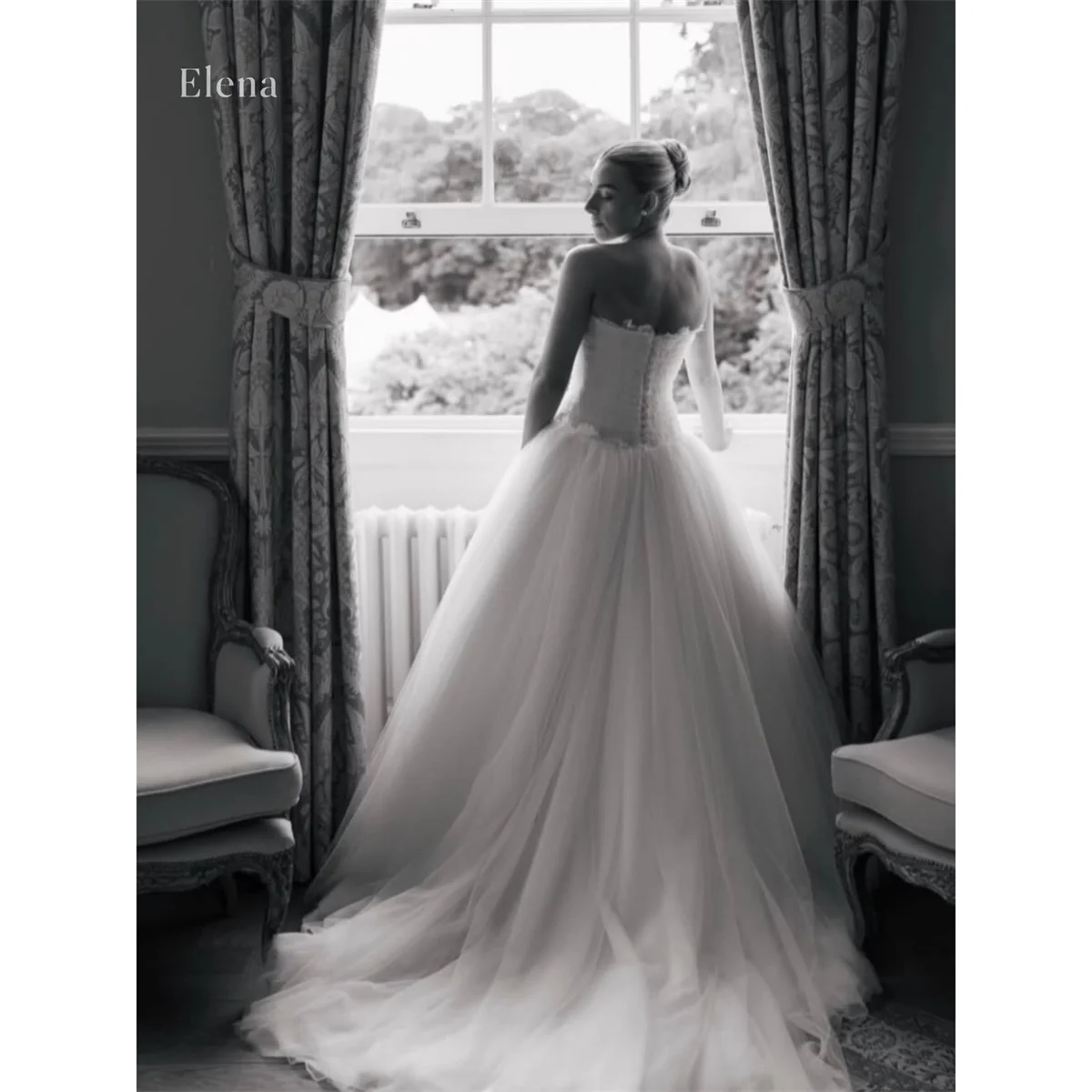 Elena White Wedding Dress Ball Gown Strapless Sleeveless Bodice Scalloped Edge Voluminous Multi-Layer Lace Custom Fit Customized