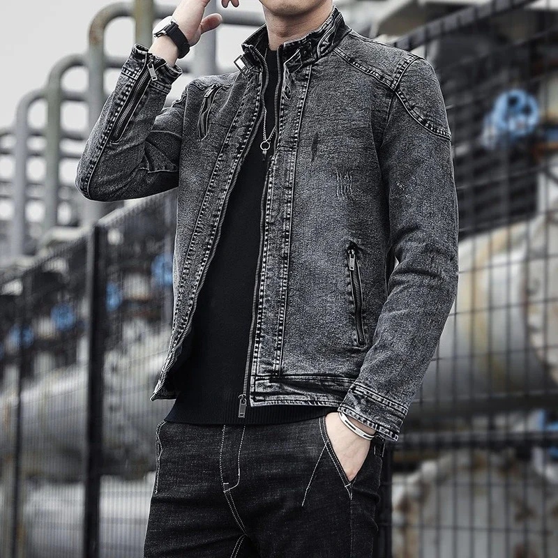 2025 Europe and America Men's Stand Collar Long Sleeve Solid Color Casual Trendy Simple Basic Denim Jackets Male Jean Coats