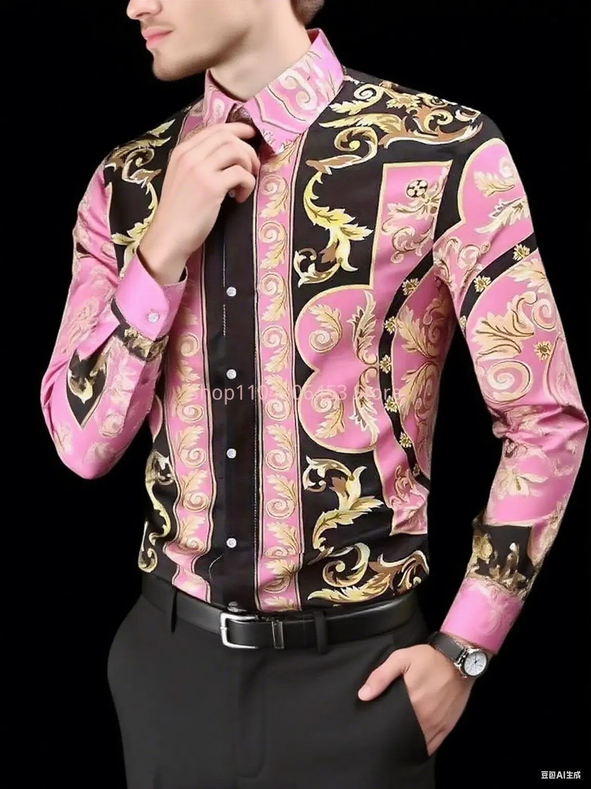 Men's European Court Teng Man 3D Printed Shirt High-end Lapel Long Sleeve Casual Business Fashion Party Shirt Outdoor Clothes