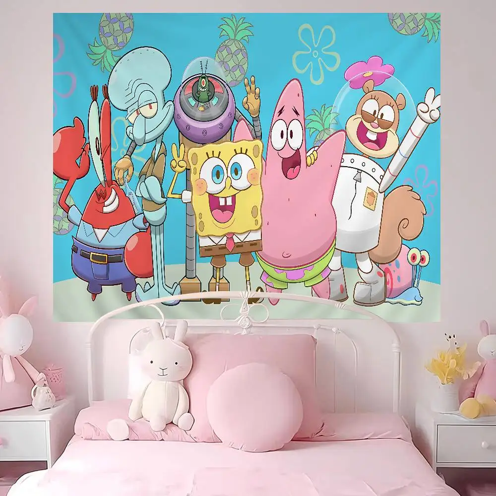Anime S-SpongeBobes Cute Colorful Tapestry Wall Hanging Bohemian Wall Tapestries Mandala Wall Art Decor