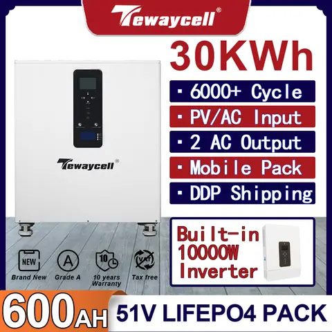 Tewaycell 30KWh Powerwall 51V 48V 600Ah LiFePO4 แบตเตอรี่ Buitl-in 200A BMS สามารถ RS485 Monitor พลังงานแสงอาทิตย์ ESS 10KW อินเวอร์เตอร์เอาต์พุต