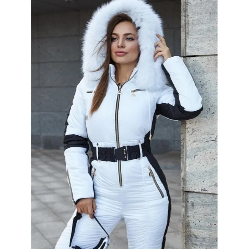 

Женская зимняя уличная модная спортивная лыжная одежда с капюшоном, теплый термокомбинезон с длинными рукавами и карманами на молнии, дизайн женской одежды