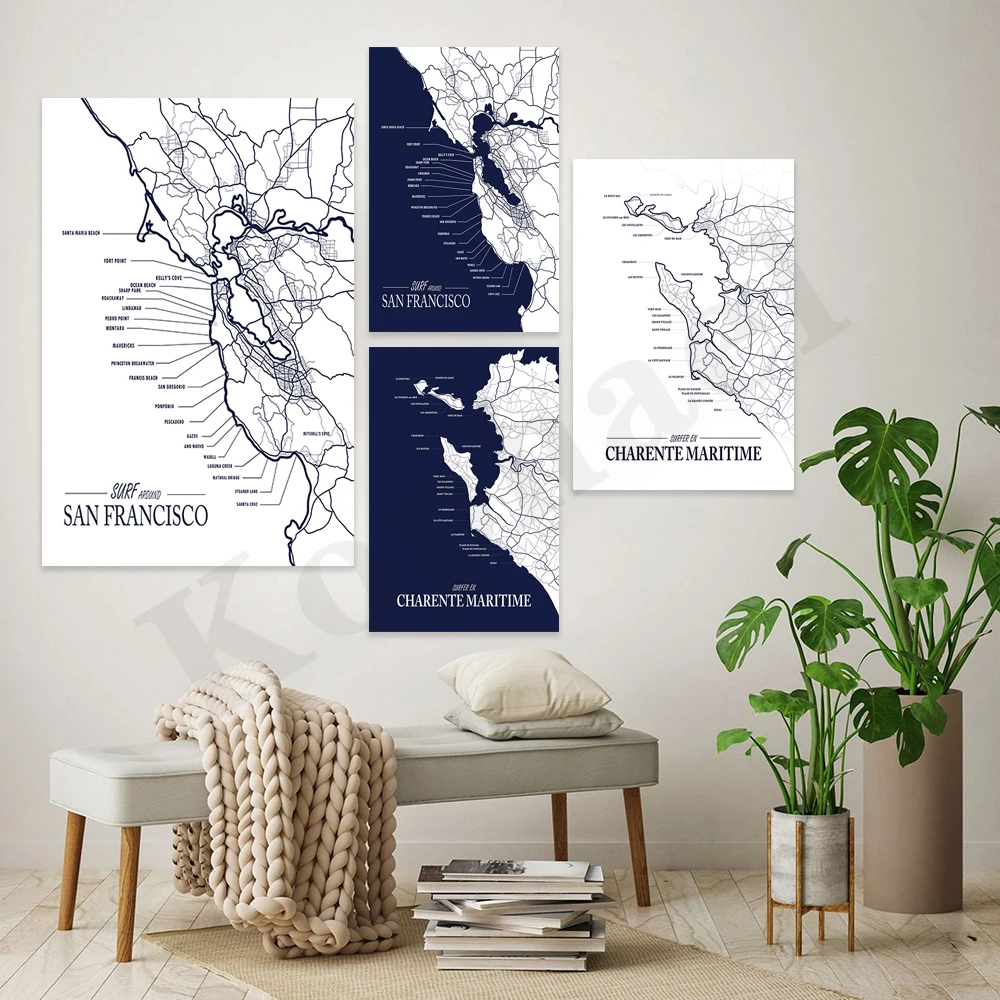 Charente San Francisco. City Surf Map. Surfer Gift. Home Wall Decor Art Poster