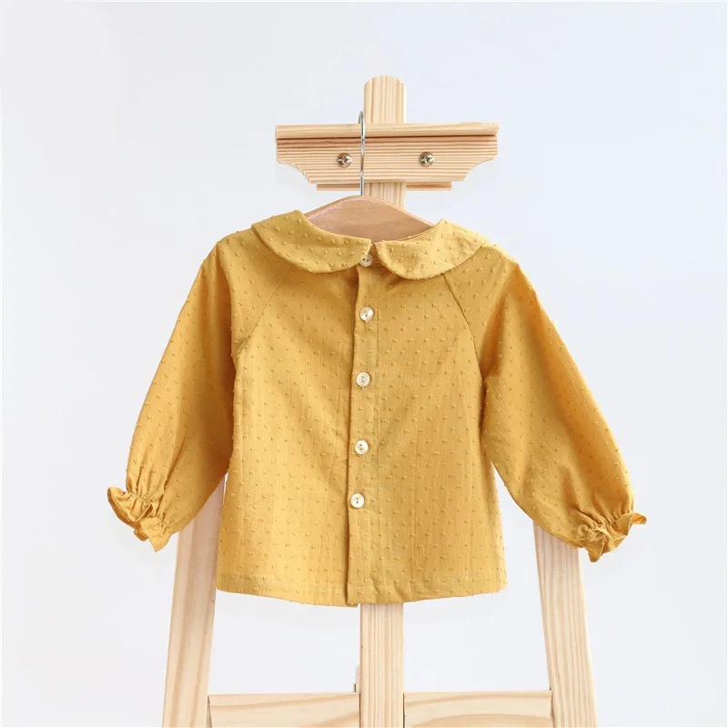 0-3t Spring New Infant Blouses Baby Girl Solid Puff Sleeve Shirts Cotton Infant Long Sleeve T Shirts Toddler Casual Lapel Tops