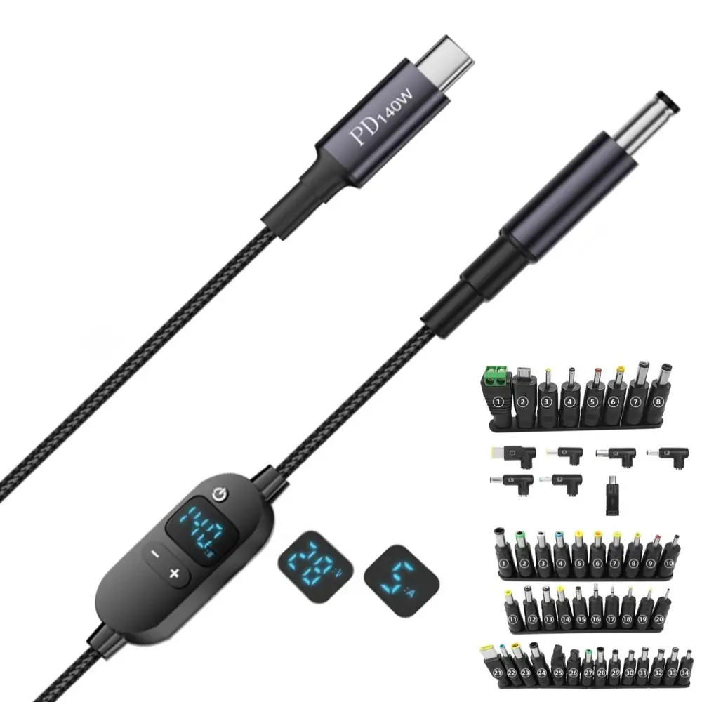 Digital Display USB C to DC PD Adapter Cable 5V/9V/12V/15V/20V with 28/34 Connector Tips Type-C to DC Power Cord Universal
