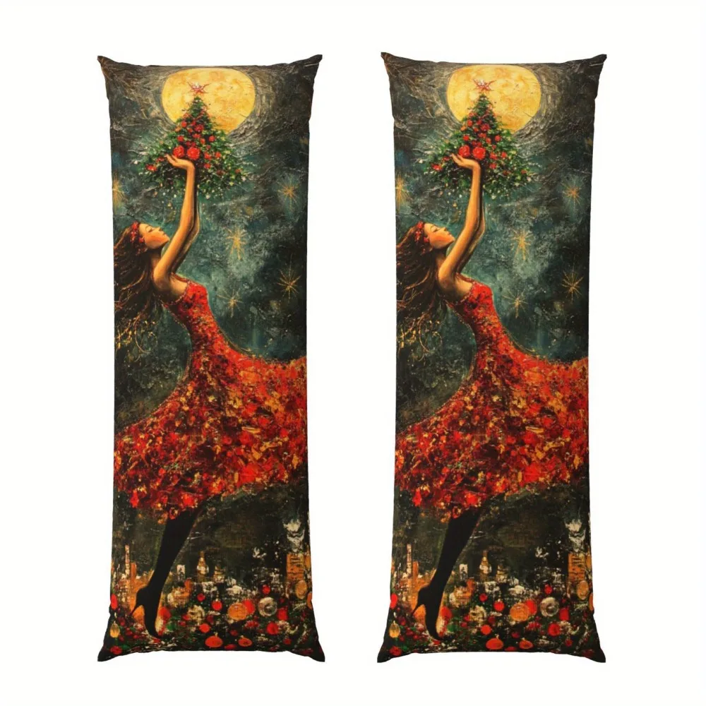 A Romantic Style Long Pillowcase - 20x54 Inches / 50x137cm - Featuring a Woman in a Red Long Dress, Forest, Moon, and Christmas