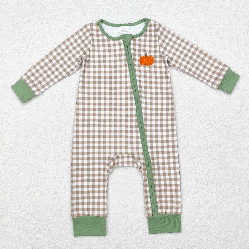 8.19y Boys Thanksgiving baby romper wholesale boutique embroidered pumpkin khaki plaid zipper long sleeve onesie