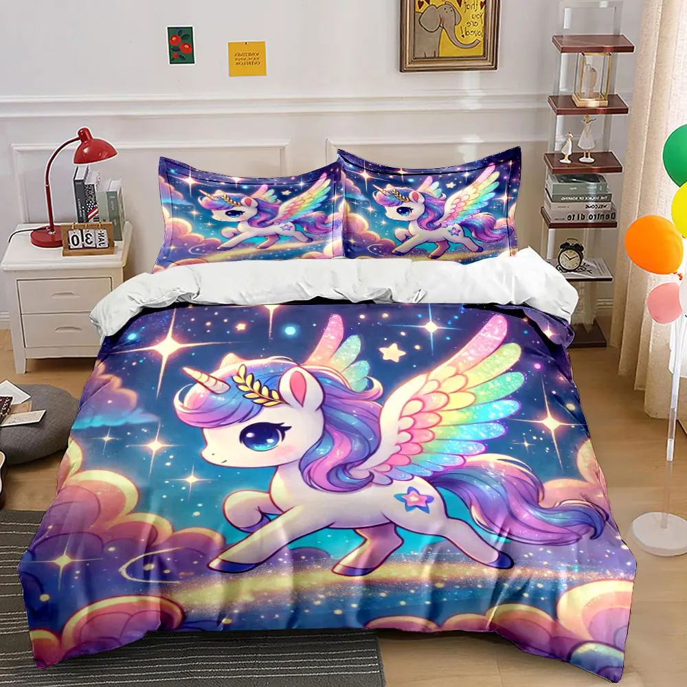 Dreamy Unicorn Soaring in Sky Print Bedding Set 1 Duvet Cover 2 Pillowcases for Adult and Children Luxury Gift Full Size