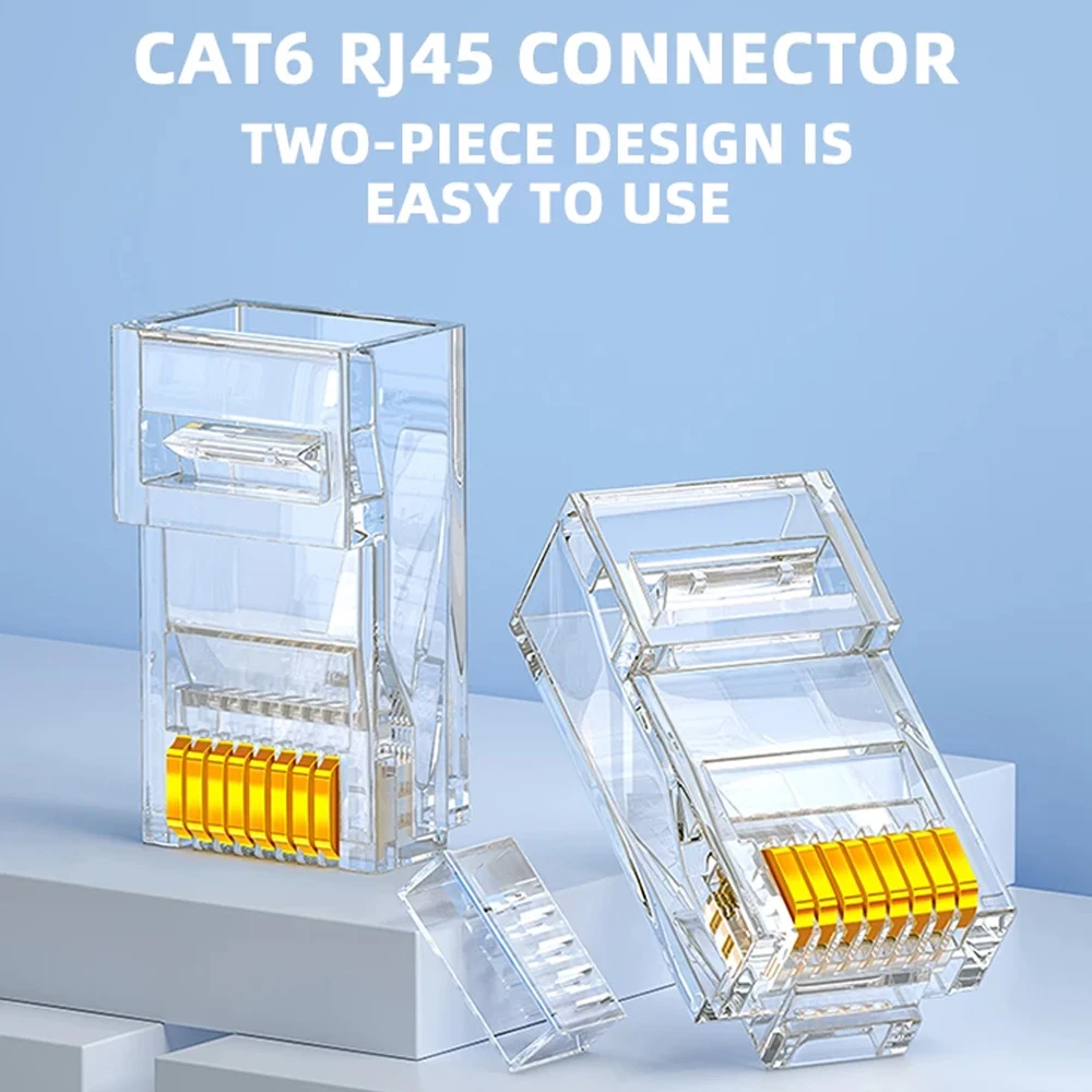 Two-Piece Pass Through Cat6 RJ45 Connectors UTP 8P8C Gold Plated Modular Plug Ethernet Cable Ends For Cat5e Cat6 Network Wiring