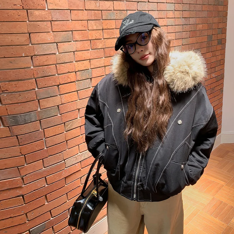 Women Hooded Parkas Coats Short Overcoat Solid Big Fur Collar Zipper Line Full Sleeve Loose Thick Office Lady Casual Winter 2025