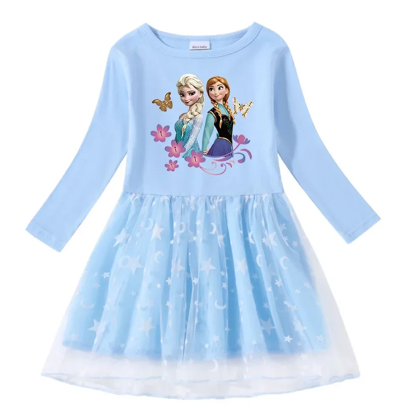 

MINISO Frozen New Cross-border Girls' Dress Cotton Printed Cartoon Stars and Moon Mesh Long-sleeved Princess Dress