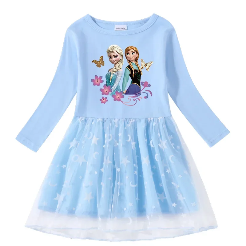 MINISO  Frozen  New Cross-border Girls' Dress Cotton Printed Cartoon Stars and Moon Mesh Long-sleeved Princess Dress