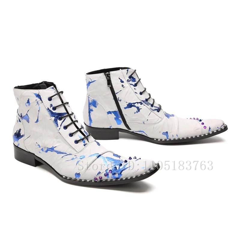Color Splashed Ink Prints Men Chelsea Boots Brand Design Round Toe Rives Lace Up Genuine Leather Boots Casual Shoes