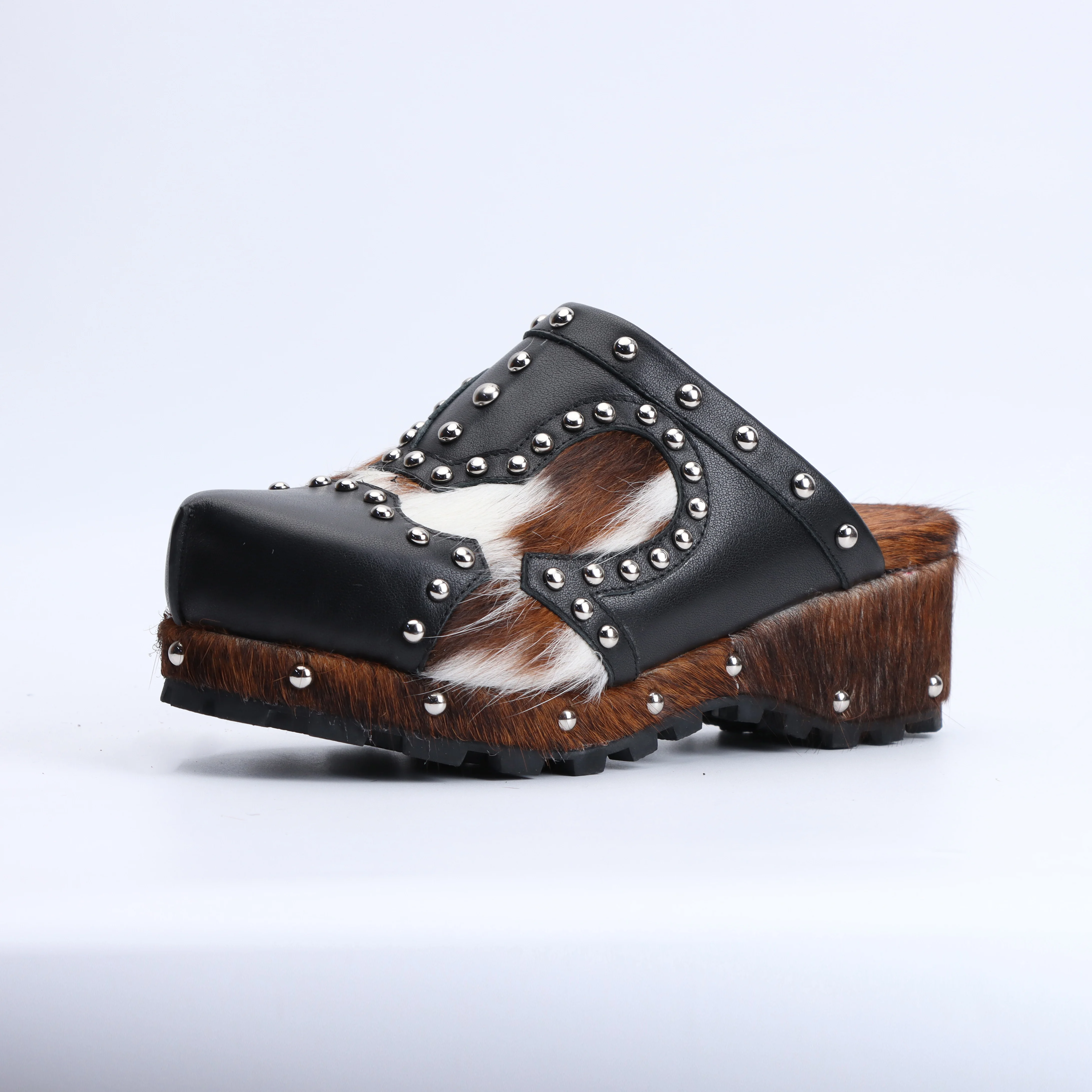 Luxury Designer Western Style Mule Sandals for Women, Handmade Cowhide Fur, Rubber Sole, Trendy 2025 Fashion Slides