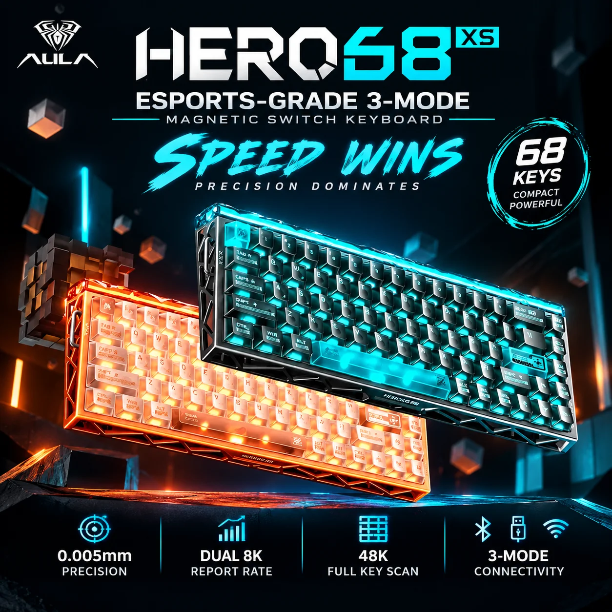 AULA HERO 68XS Magnetic Switch Gaming Keyboard Rapid Trigger, 8K Return Rate,128K Scan Rate,0.005mm Accuracy,SOCD/Rs