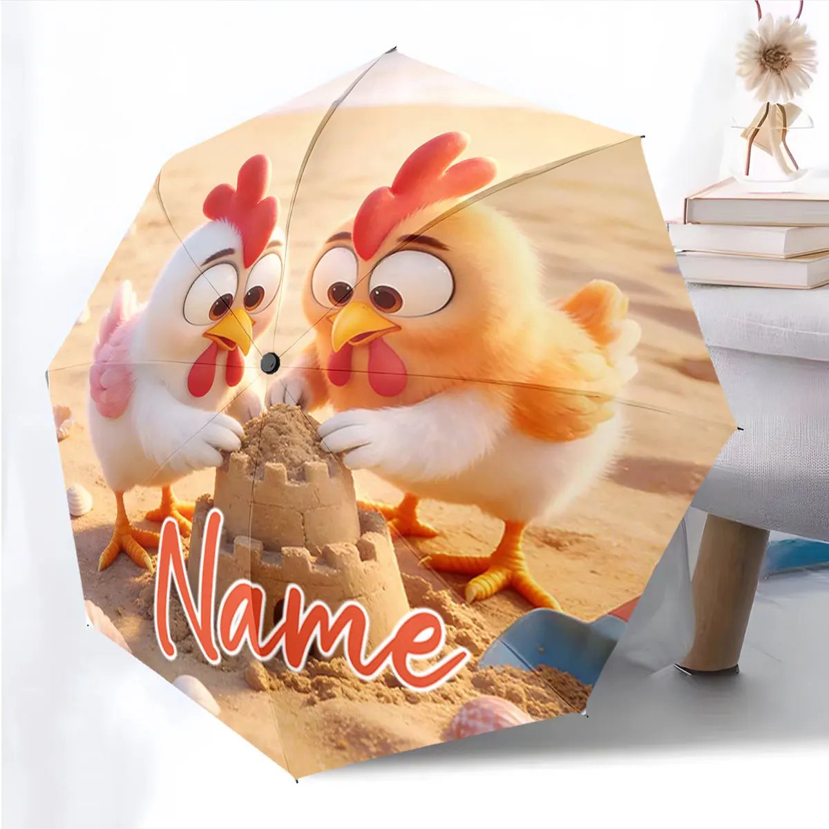 Custom Name Cartoon Chickens Building Sand Castles on Umbrella Print 8 Iron Ribs Folding Umbrella Auto-Open Fashion Sunshade