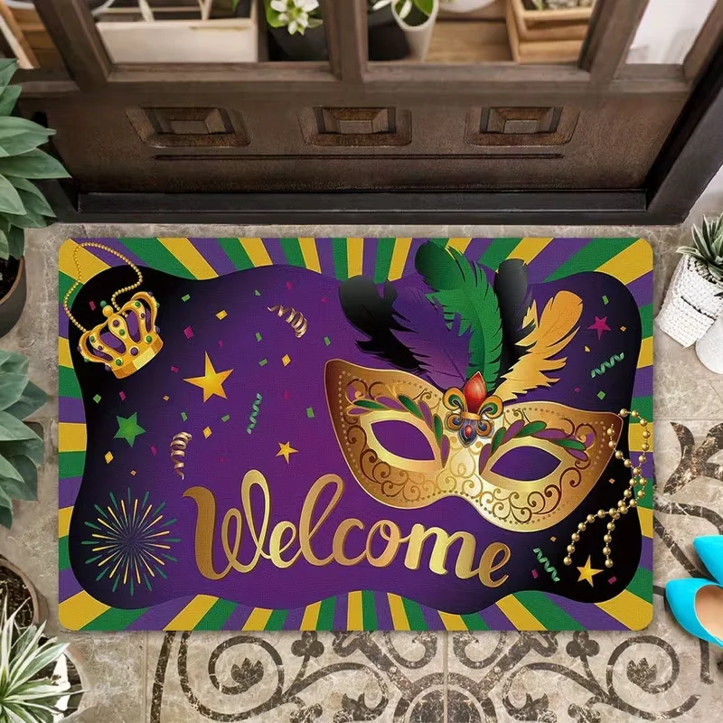 Mardi Gras Welcome Doormat Non-Slip Mat with Colorful Mask Design for IndoorOutdoor Entryway Porch or Home Decoration