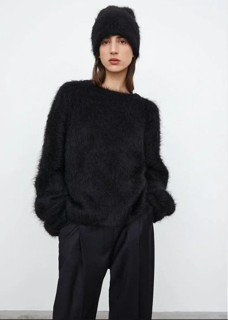 Totem* High-end warm alpaca hair knitted women\'s sweater 2024 early autumn new Elastic loose round neck pullover for women