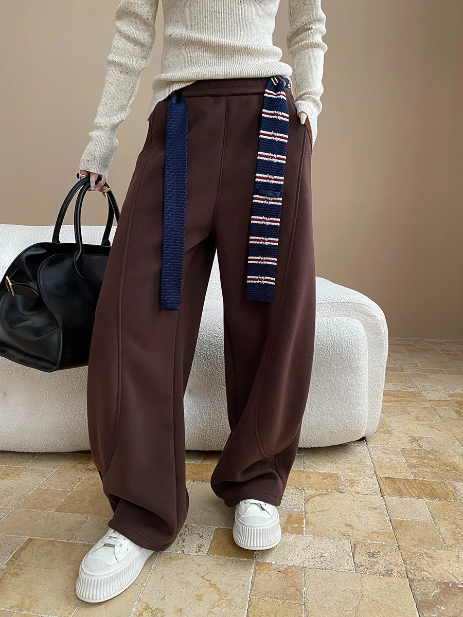 Women Strap Design,Stand Cut Splicing Design,Loose and Wide Leg Curved Knife with Plush Casual Pants Fashionable Korean Trousers