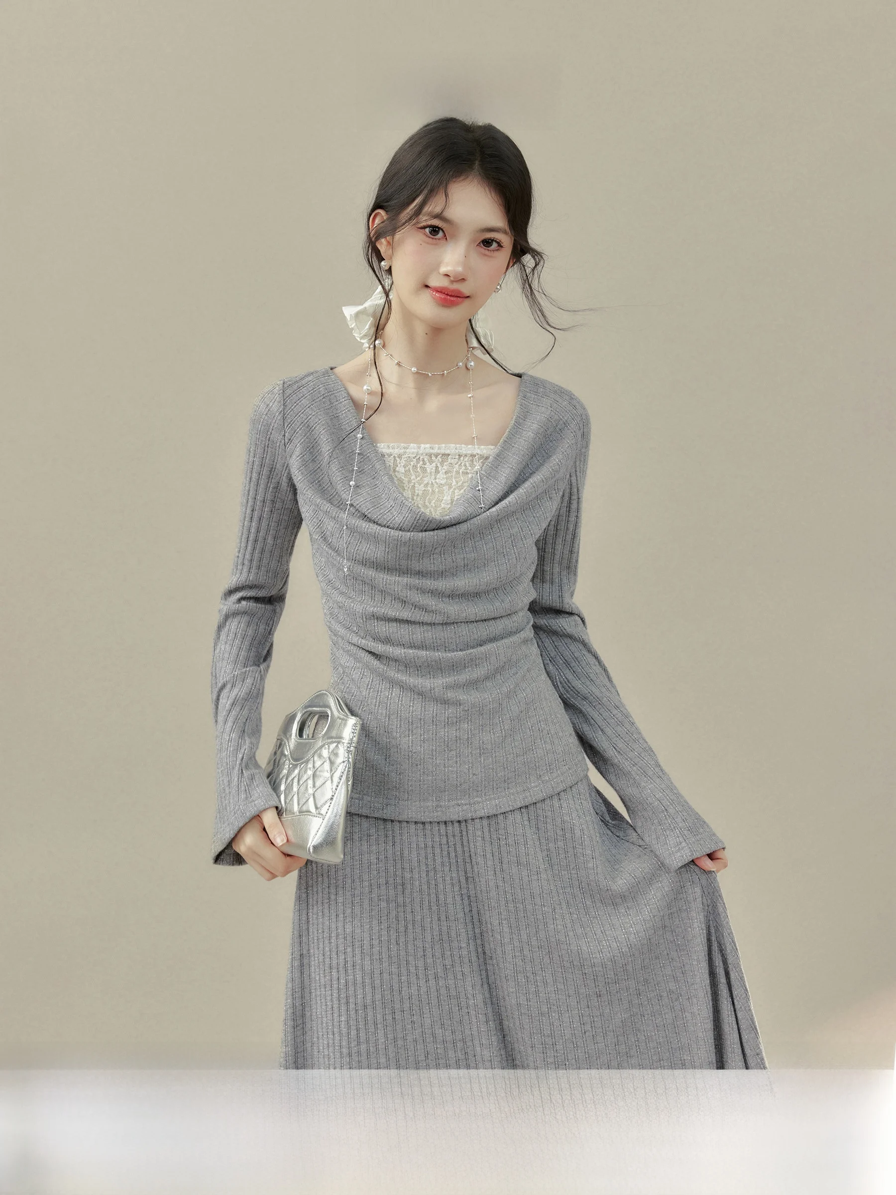 

Gray Lace Halter Neck Splice Top And Skirt Two-Piece Set plus Size Women's Fashion Spring Collection by Yang Xue