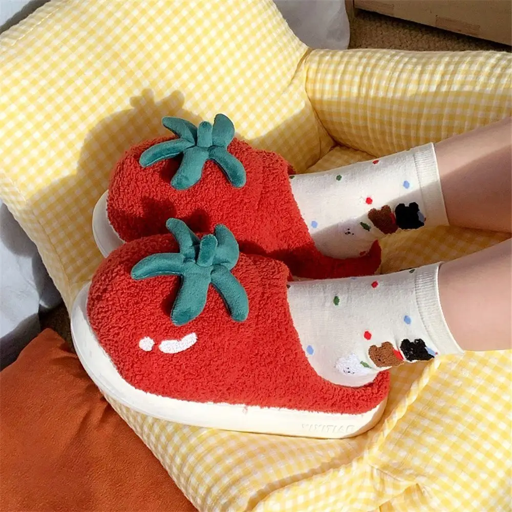 

Kawaii Winter Tomato Slippers Thicken Warm Soft Cartoon Furry Slippers Cute Thick Soled Home Cotton Shoes Gifts