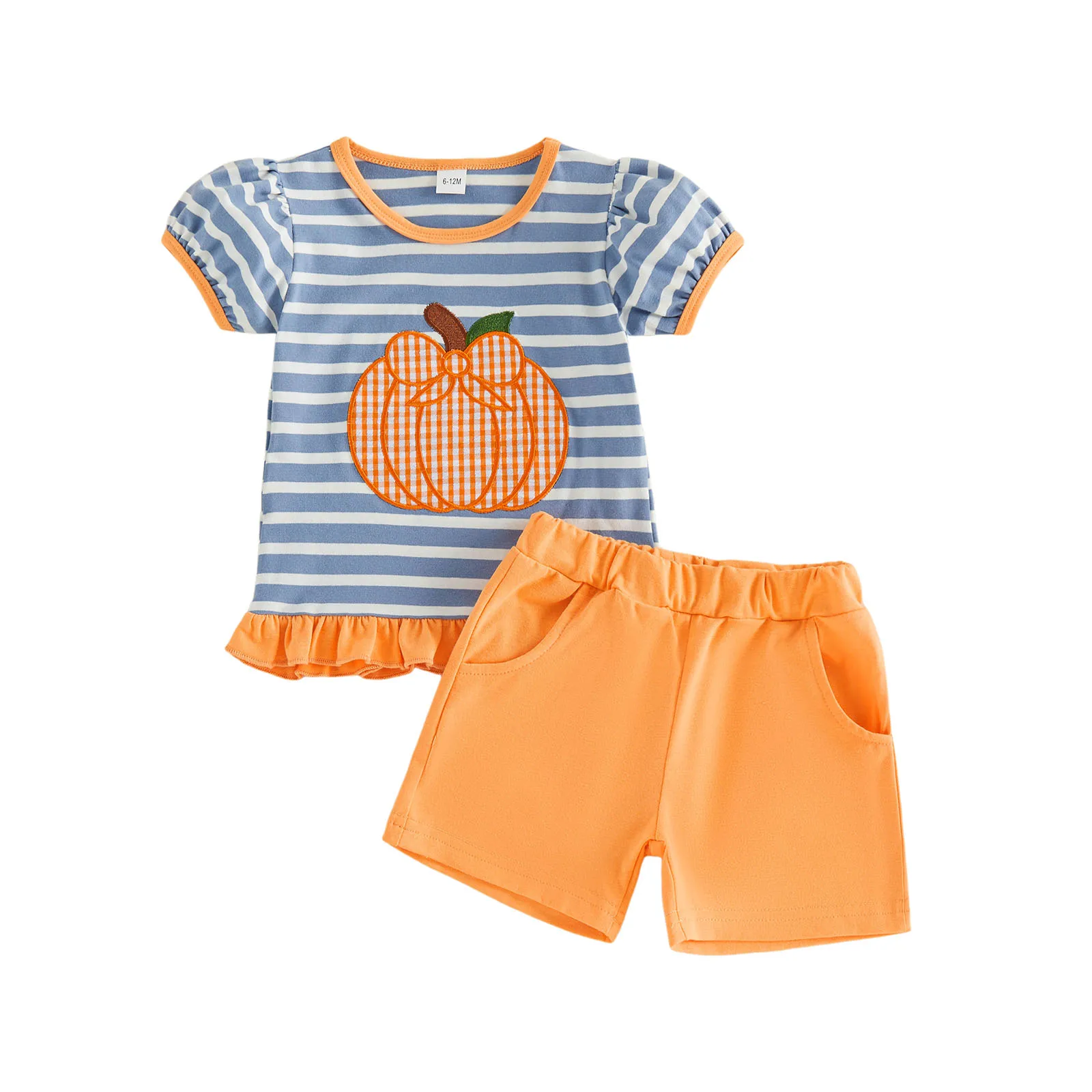 2026 Summer Toddler Baby Girls Halloween Outfits Adorable Pumpkin Embroidery Short Sleeve Round Neck Striped Tops and Shorts Set
